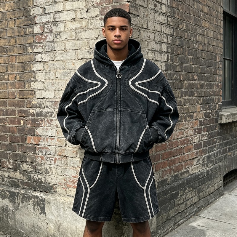 Washed Wavy Stripe Zip Up Hoodie Short Set
