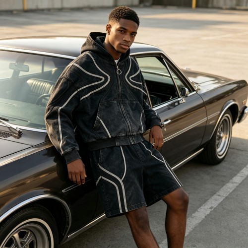 Washed Wavy Stripe Zip Up Hoodie Short Set | 100% cotton fabric | Street daily skate casual wear | OEM Streetwear