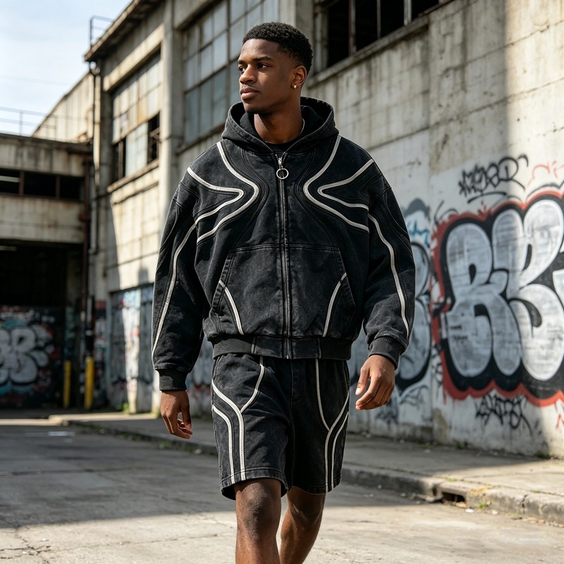 Washed Wavy Stripe Zip Up Hoodie Short Set