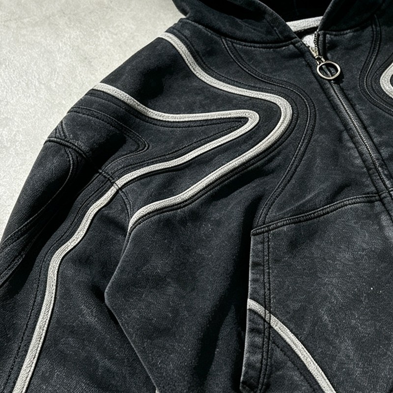 Washed Wavy Stripe Zip Up Hoodie Short Set