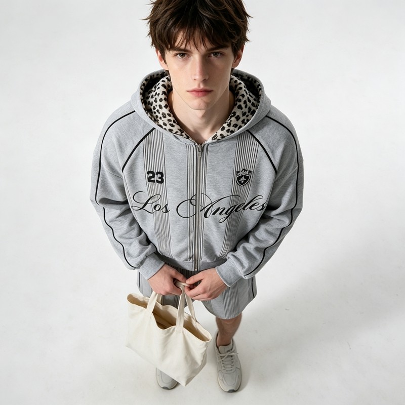Screen Print Leopard Lined Zip Hoodie Short Set