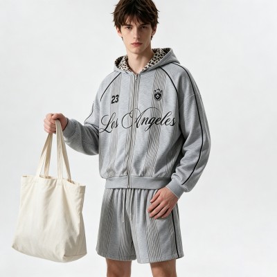 Screen Print Leopard Lined Zip Hoodie Short Set | Street casual hip hop daily wear | Custom Streetwear