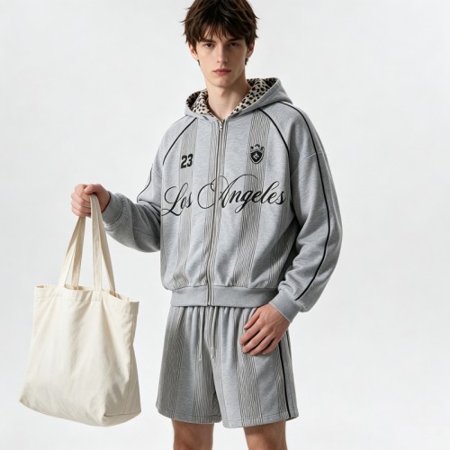 Screen Print Leopard Lined Zip Hoodie Short Set | Street casual hip hop daily wear | Custom Streetwear