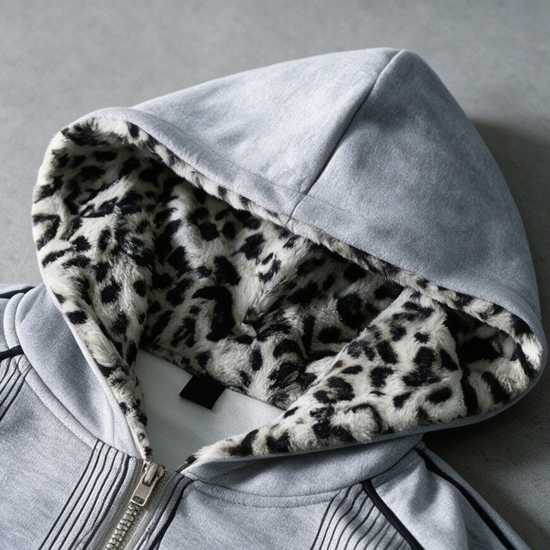 Screen Print Leopard Lined Zip Hoodie Short Set