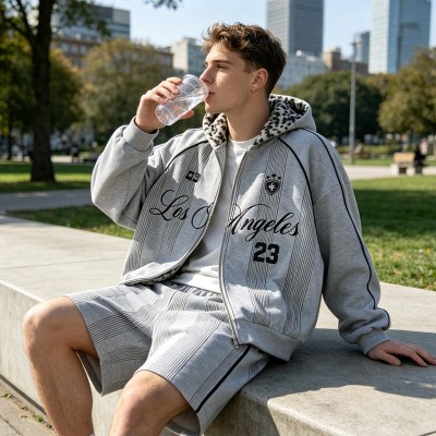 Screen Print Leopard Lined Zip Hoodie Short Set | Street casual hip hop daily wear | Custom Streetwear