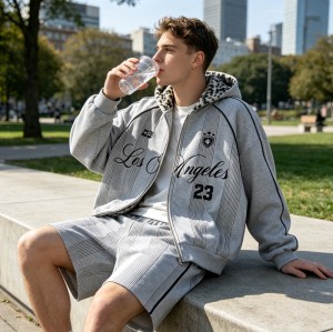Screen Print Leopard Lined Zip Hoodie Short Set | Street casual hip hop daily wear | Custom Streetwear