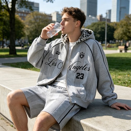Screen Print Leopard Lined Zip Hoodie Short Set | Street casual hip hop daily wear | Custom Streetwear