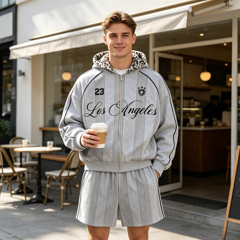Screen Print Leopard Lined Zip Hoodie Short Set