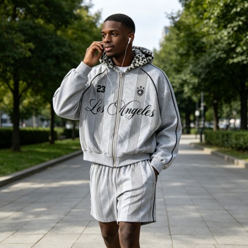 Screen Print Leopard Lined Zip Hoodie Short Set | Street casual hip hop daily wear | Custom Streetwear