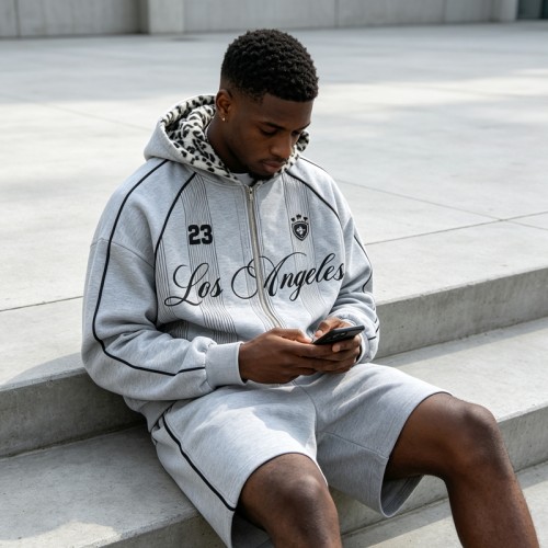 Screen Print Leopard Lined Zip Hoodie Short Set | Street casual hip hop daily wear | Custom Streetwear