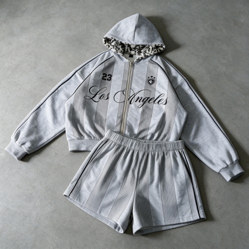 Screen Print Leopard Lined Zip Hoodie Short Set | Street casual hip hop daily wear | Custom Streetwear