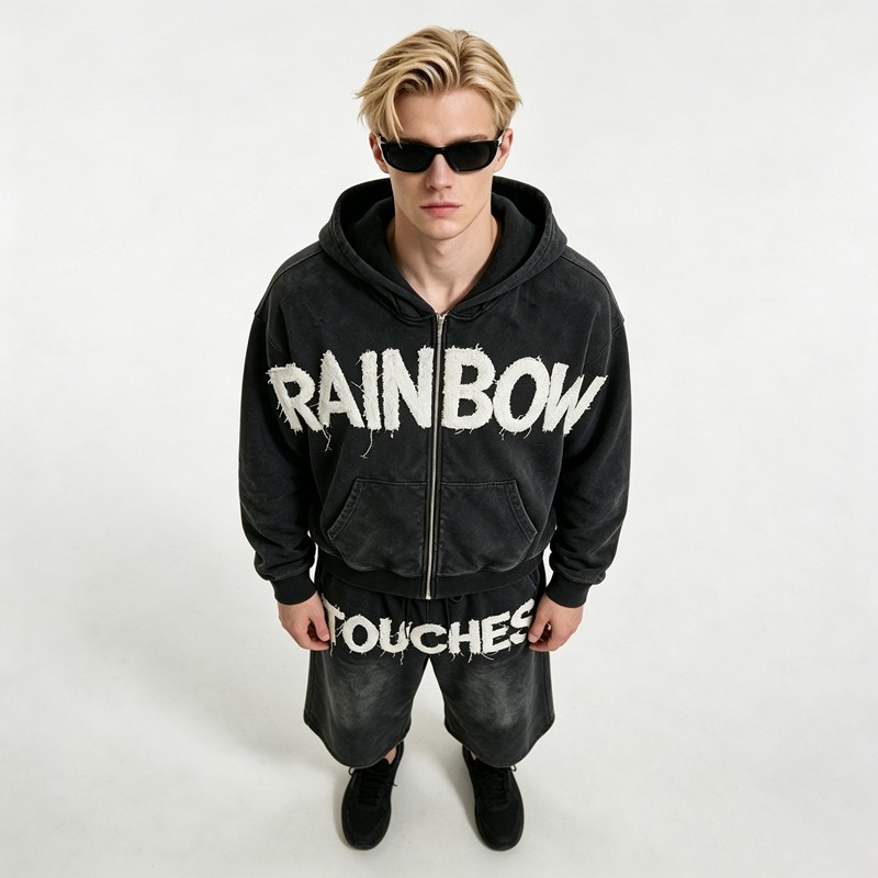 Washed Towel Embroidery Letter Hoodie Set