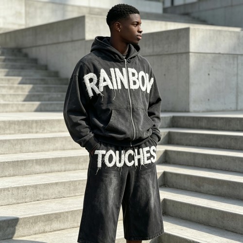 Washed Towel Embroidery Letter Hoodie Set | Vintage Distressed Texture | Casual Street Daily Outfit | Custom Streetwear