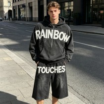 Washed Towel Embroidery Letter Hoodie Set | Vintage Distressed Texture | Casual Street Daily Outfit | Custom Streetwear