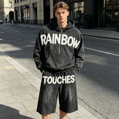 Washed Towel Embroidery Letter Hoodie Set | Vintage Distressed Texture | Casual Street Daily Outfit | Custom Streetwear