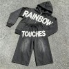 Washed Towel Embroidery Letter Hoodie Set | Vintage Distressed Texture | Casual Street Daily Outfit | Custom Streetwear
