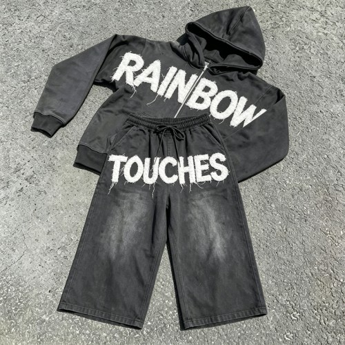 Washed Towel Embroidery Letter Hoodie Set | Vintage Distressed Texture | Casual Street Daily Outfit | Custom Streetwear