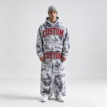 DTG Print 3D Embroidery Zip Hoodie Short Set | Vintage Fray Distressed Look | Graffiti Hip Hop Daily Streetwear | Custom Streetwear