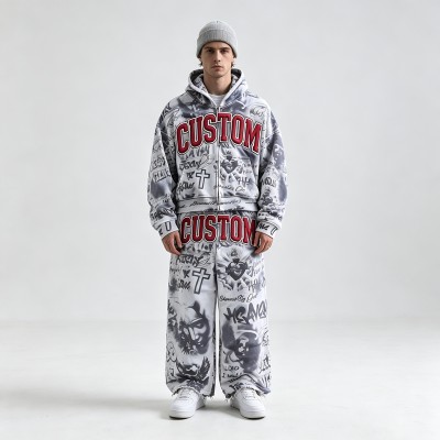 DTG Print 3D Embroidery Zip Hoodie Short Set | Vintage Fray Distressed Look | Graffiti Hip Hop Daily Streetwear | Custom Streetwear