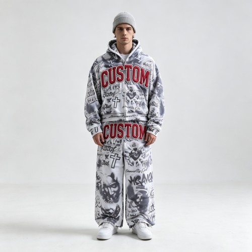 DTG Print 3D Embroidery Zip Hoodie Short Set | Vintage Fray Distressed Look | Graffiti Hip Hop Daily Streetwear | Custom Streetwear
