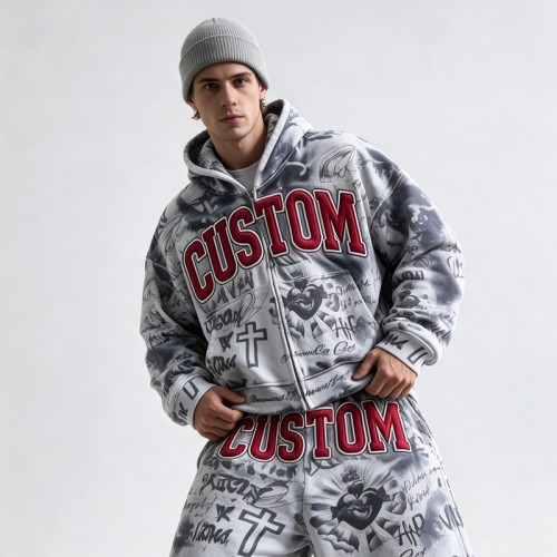 DTG Print 3D Embroidery Zip Hoodie Short Set | Vintage Fray Distressed Look | Graffiti Hip Hop Daily Streetwear | Custom Streetwear