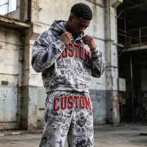 DTG Print 3D Embroidery Zip Hoodie Short Set | Vintage Fray Distressed Look | Graffiti Hip Hop Daily Streetwear | Custom Streetwear