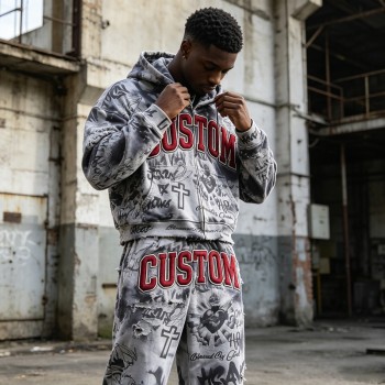 DTG Print 3D Embroidery Zip Hoodie Short Set | Vintage Fray Distressed Look | Graffiti Hip Hop Daily Streetwear | Custom Streetwear