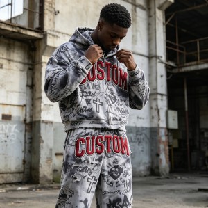 DTG Print 3D Embroidery Zip Hoodie Short Set | Vintage Fray Distressed Look | Graffiti Hip Hop Daily Streetwear | Custom Streetwear