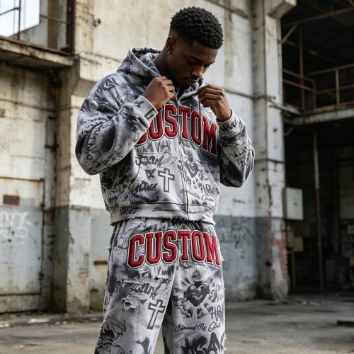 DTG Print 3D Embroidery Zip Hoodie Short Set | Vintage Fray Distressed Look | Graffiti Hip Hop Daily Streetwear | Custom Streetwear