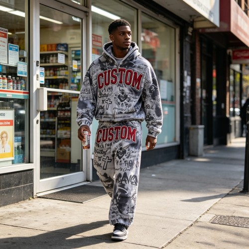 DTG Print 3D Embroidery Zip Hoodie Short Set | Vintage Fray Distressed Look | Graffiti Hip Hop Daily Streetwear | Custom Streetwear