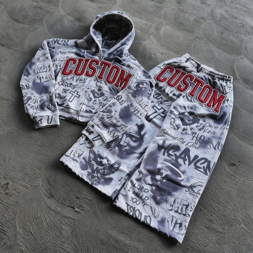 DTG Print 3D Embroidery Zip Hoodie Short Set | Vintage Fray Distressed Look | Graffiti Hip Hop Daily Streetwear | Custom Streetwear