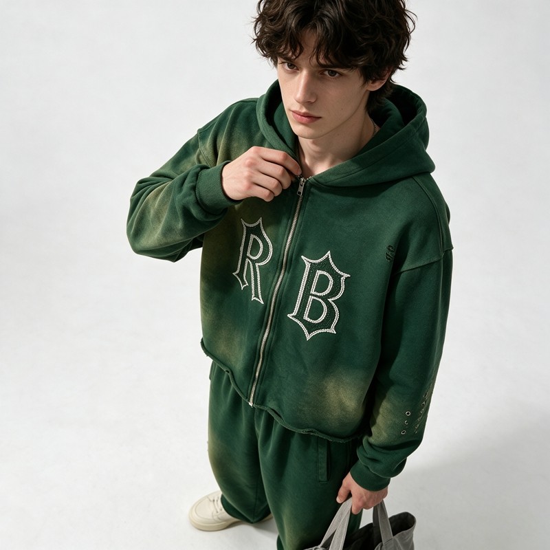 Washed Spray Dye Rhinestone Hotfix Zip Hoodie Pant Set