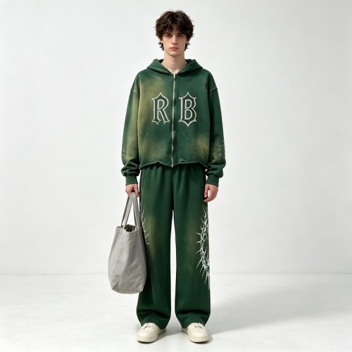 Washed Spray Dye Rhinestone Hotfix Zip Hoodie Pant Set | Gradient Vintage Fray Effect | Punk Hip Hop Casual Streetwear | OEM Streetwear