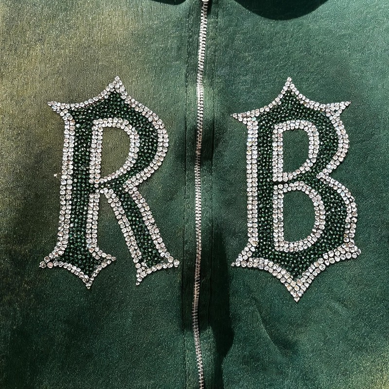 Washed Spray Dye Rhinestone Hotfix Zip Hoodie Pant Set
