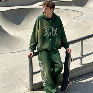 Washed Spray Dye Rhinestone Hotfix Zip Hoodie Pant Set | Gradient Vintage Fray Effect | Punk Hip Hop Casual Streetwear | OEM Streetwear
