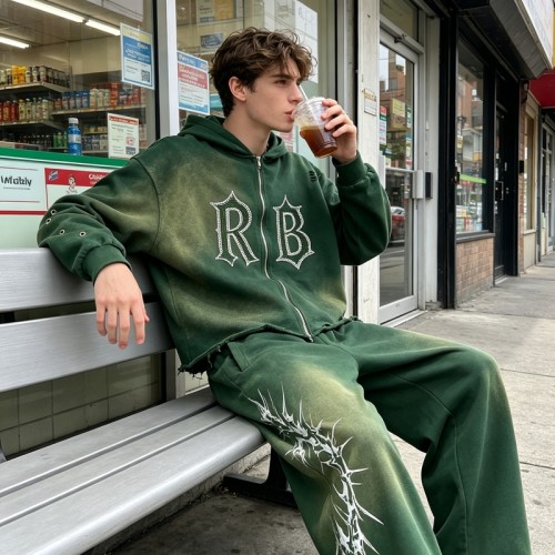 Washed Spray Dye Rhinestone Hotfix Zip Hoodie Pant Set | Gradient Vintage Fray Effect | Punk Hip Hop Casual Streetwear | OEM Streetwear