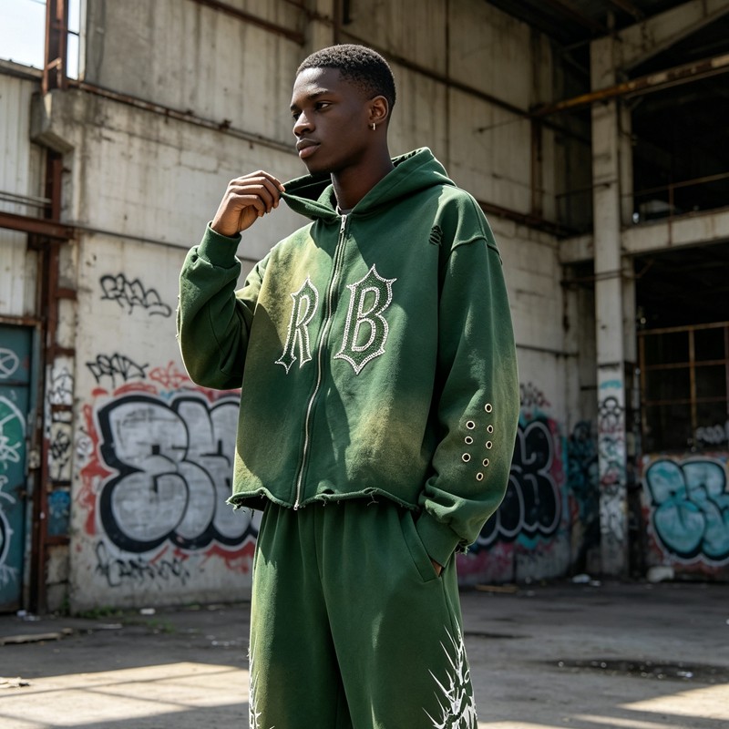 Washed Spray Dye Rhinestone Hotfix Zip Hoodie Pant Set