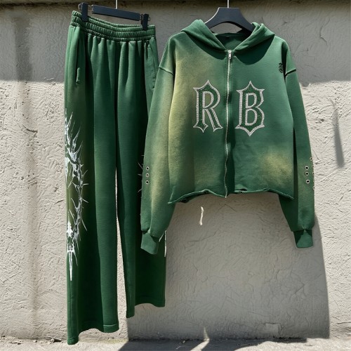 Washed Spray Dye Rhinestone Hotfix Zip Hoodie Pant Set | Gradient Vintage Fray Effect | Punk Hip Hop Casual Streetwear | OEM Streetwear