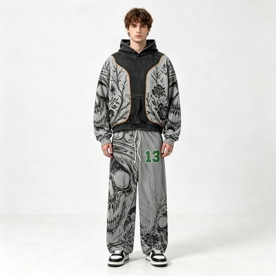 Wash Screen DTG Print Hoodie Pant Set | Gothic Skull Floral Hip Hop Streetwear | Streetwear Manufacturer