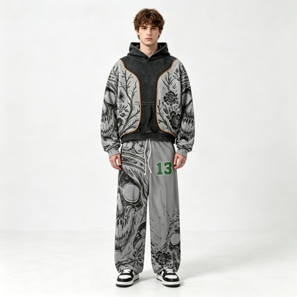 Wash Screen DTG Print Hoodie Pant Set | Gothic Skull Floral Hip Hop Streetwear | Streetwear Manufacturer