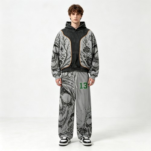 Wash Screen DTG Print Hoodie Pant Set | Gothic Skull Floral Hip Hop Streetwear | Streetwear Manufacturer