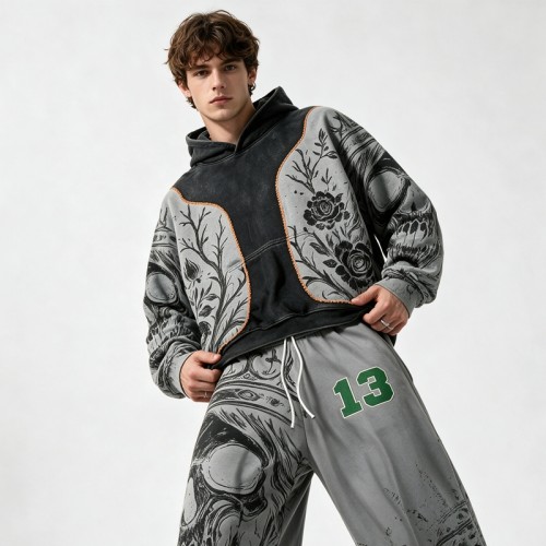 Wash Screen DTG Print Hoodie Pant Set | Gothic Skull Floral Hip Hop Streetwear | Streetwear Manufacturer