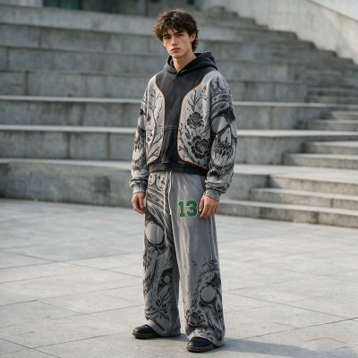 Wash Screen DTG Print Hoodie Pant Set | Gothic Skull Floral Hip Hop Streetwear | Streetwear Manufacturer