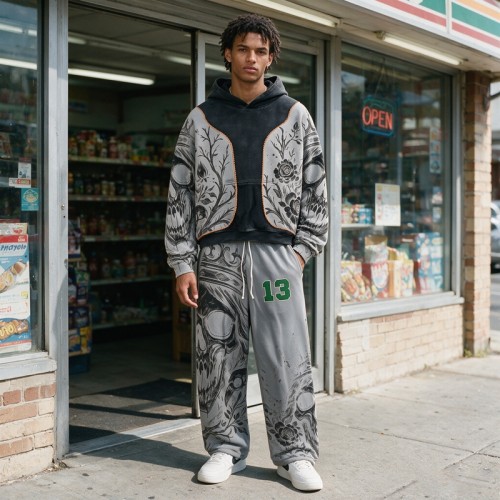 Wash Screen DTG Print Hoodie Pant Set | Gothic Skull Floral Hip Hop Streetwear | Streetwear Manufacturer