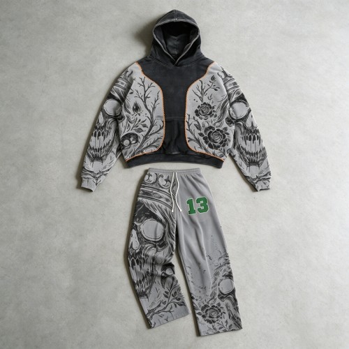 Wash Screen DTG Print Hoodie Pant Set | Gothic Skull Floral Hip Hop Streetwear | Streetwear Manufacturer