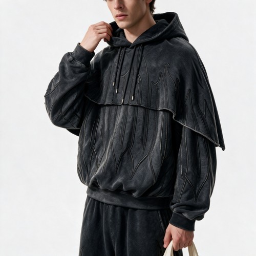 Washed Embroidery Layered Cape Hoodie Set | Vintage Acid Wash Gothic Flame Design | OEM Streetwear