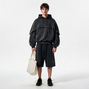 Washed Embroidery Layered Cape Hoodie Set | Vintage Acid Wash Gothic Flame Design | OEM Streetwear