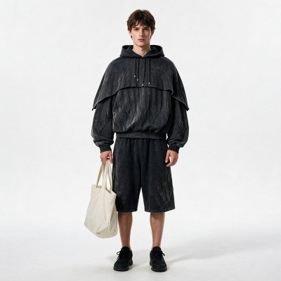 Washed Embroidery Layered Cape Hoodie Set | Vintage Acid Wash Gothic Flame Design | OEM Streetwear