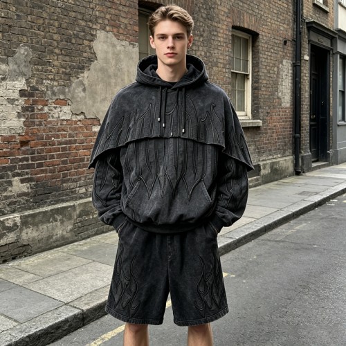 Washed Embroidery Layered Cape Hoodie Set | Vintage Acid Wash Gothic Flame Design | OEM Streetwear