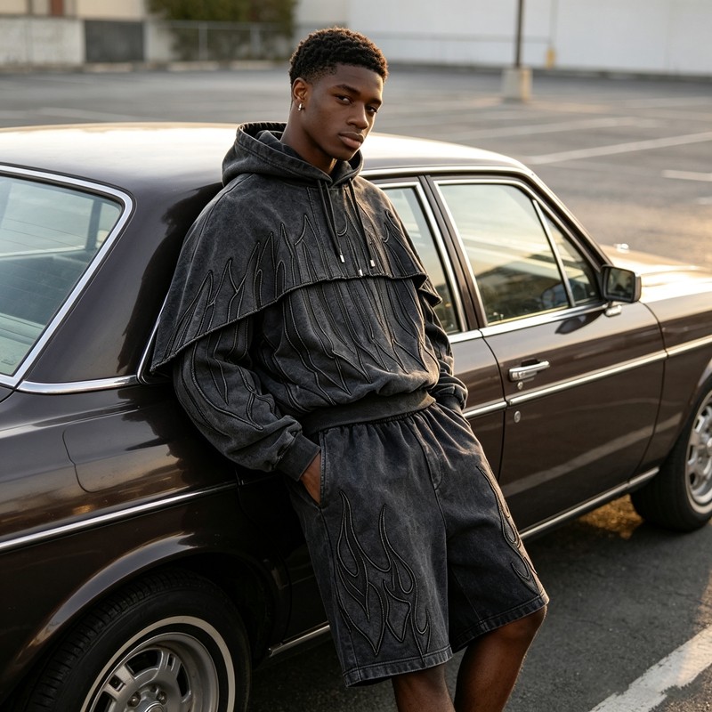 Washed Embroidery Layered Cape Hoodie Set